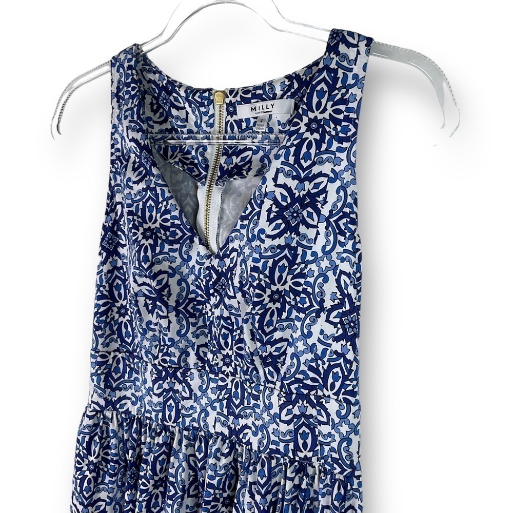 Milly Blue Combo Sleeveless V Neck A Line Cotton Blend Dress Blue Sz 2 - Picture 6 of 13